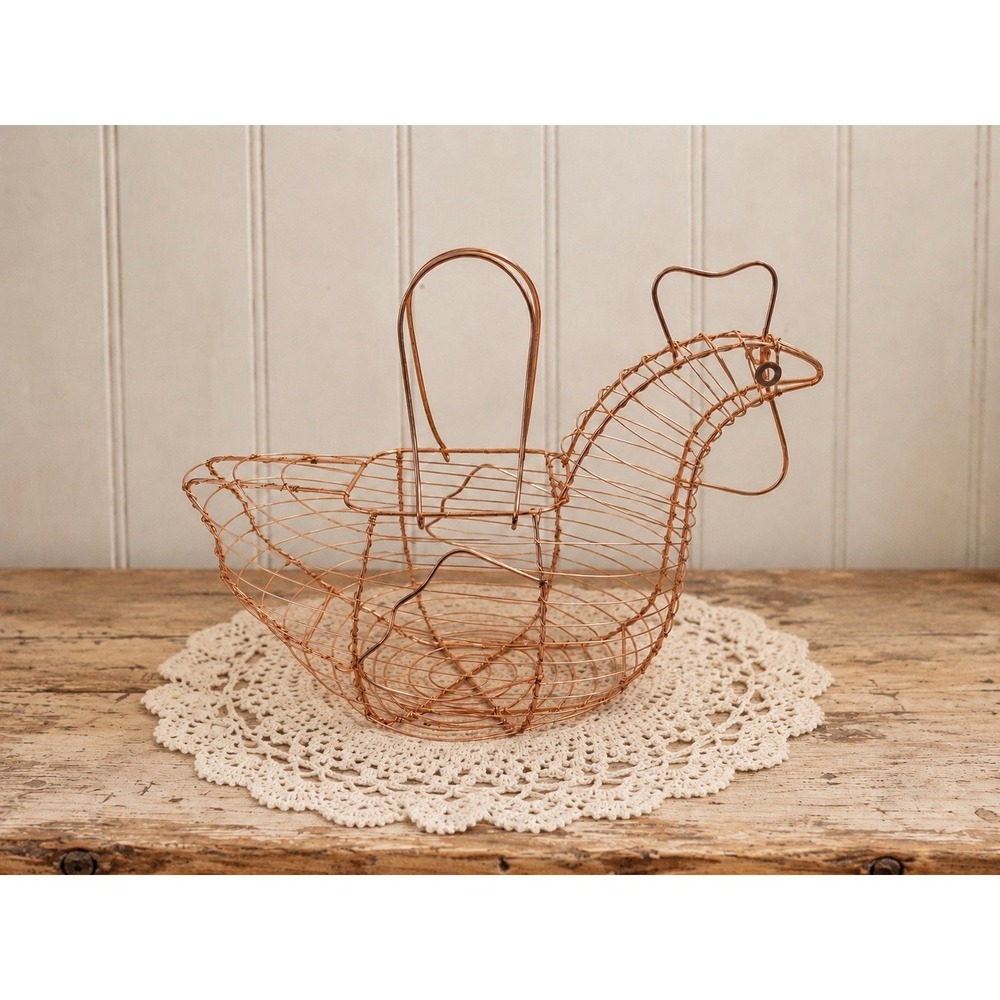 Vintage Copper Color Wire Hen Chicken Egg Basket With Handles